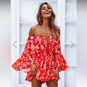 Red Off Shoulder Romper​​​​​​​​